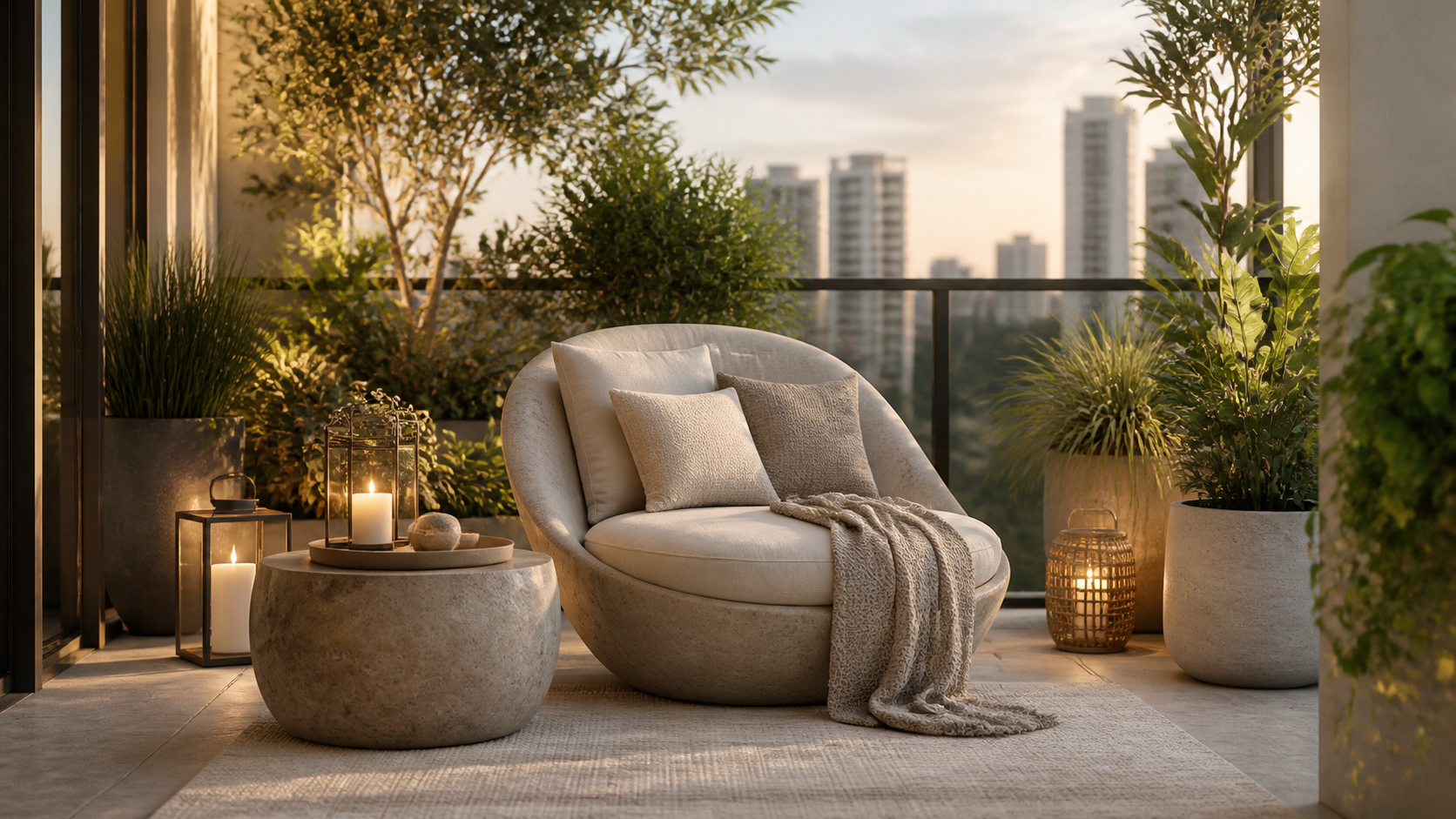 Luxury balcony garden with centered lounge chair