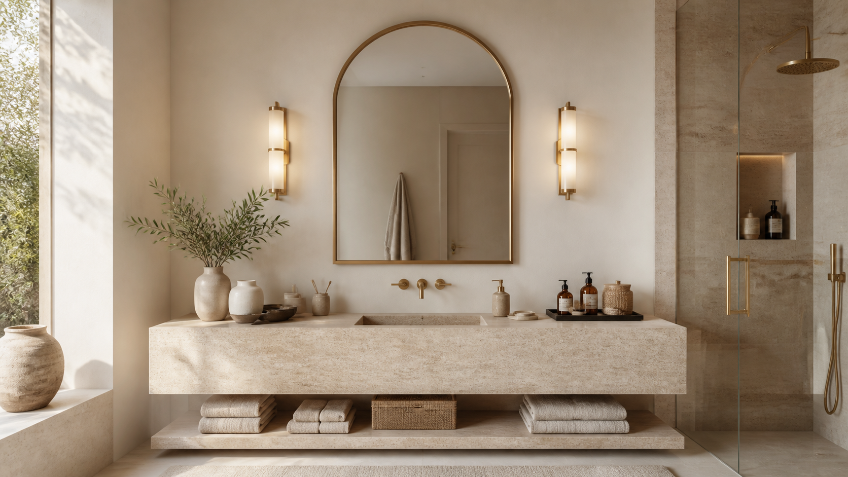 Warm travertine bathroom with centered arched mirror