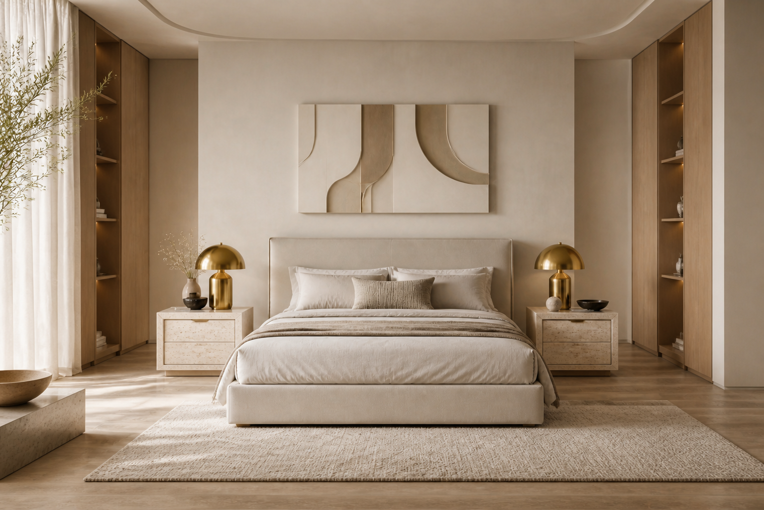 Ivory bedroom with warm brass lighting
