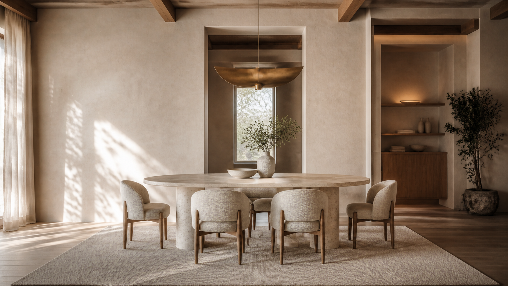 Travertine dining room in warm sunlight