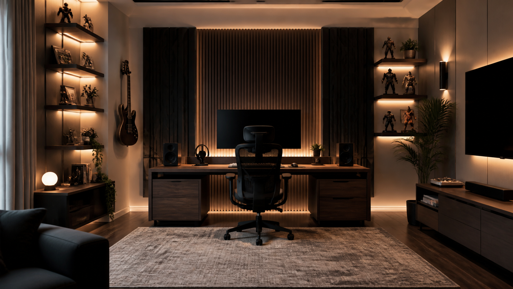 Warm sophisticated gaming and entertainment room