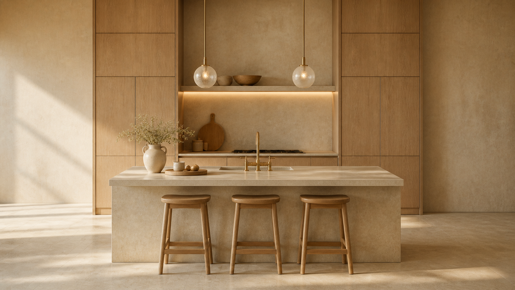 Warm minimalist kitchen with stone island