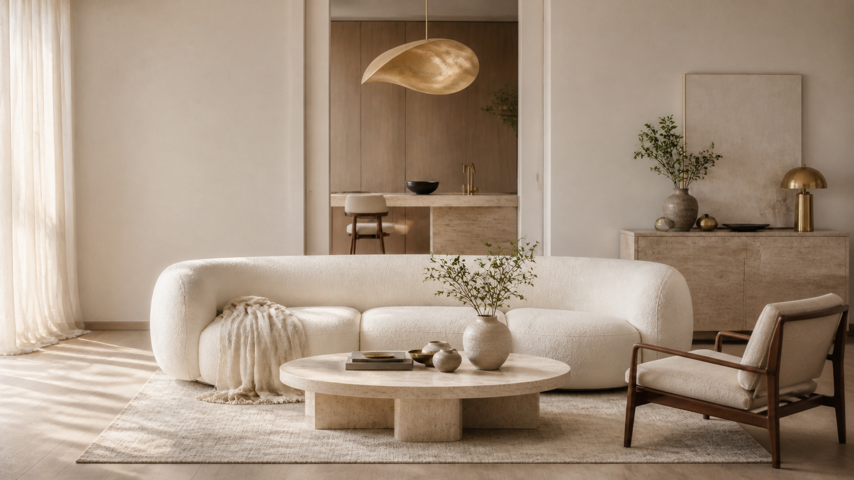 Warm modern living room with sculptural seating
