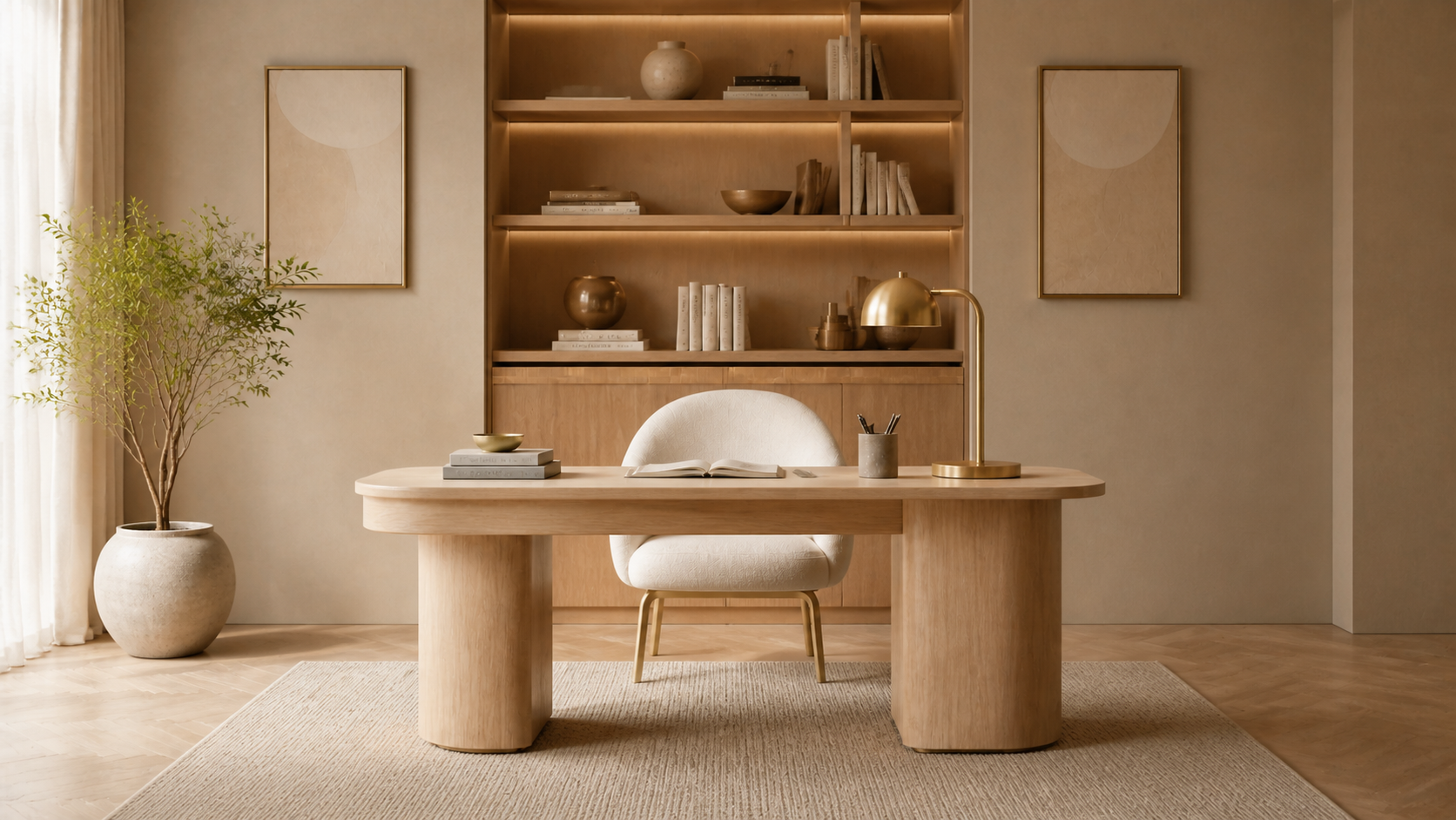 Pale oak home office in natural light