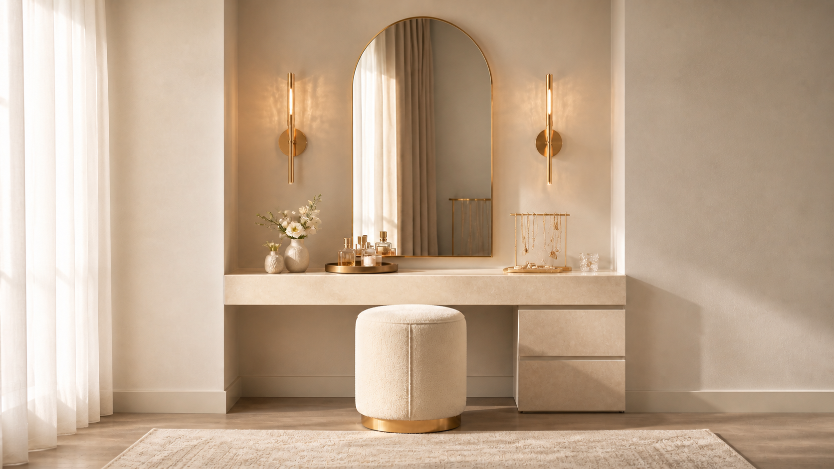 Elegant cream vanity with arched mirror